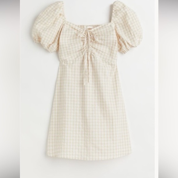 H&M Cream Gingham Puff Sleeve Dress - Picture 1 of 6